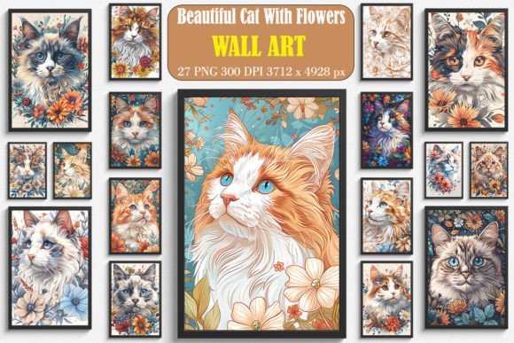 Beautiful Cat with Flowers Wall Art