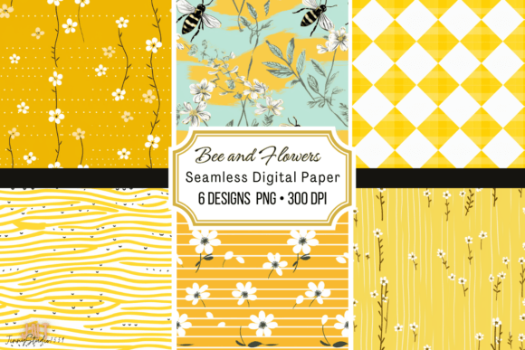 Bee and Flowers Seamless Digital Paper Graphics