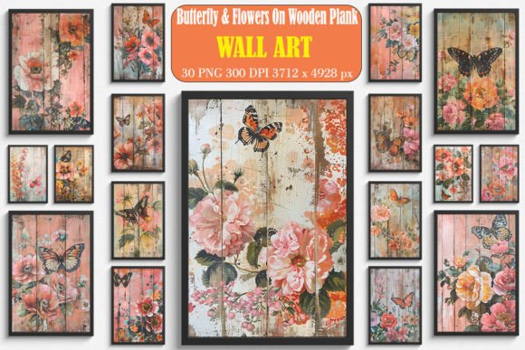 Butterfly Flowers on Wooden Plank Art: A Graphic Design Asset for Modern Publishing