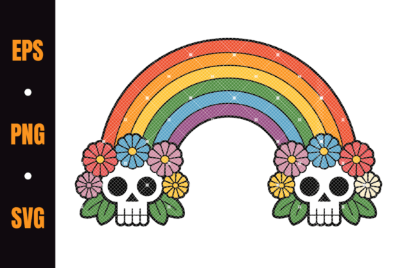 Colorful Rainbow with Skulls and Flowers Graphics