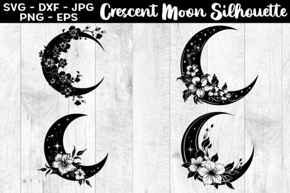 Crescent Moon with Flowers Silhouettes Graphics