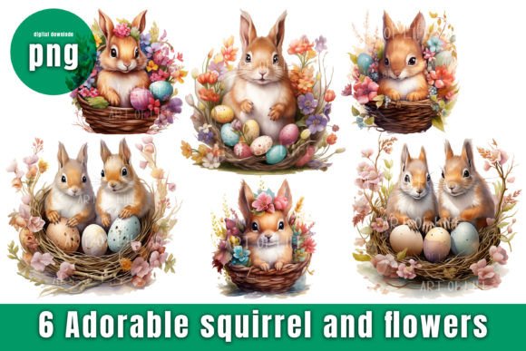 Cute Squirrel and Flowers Clipart