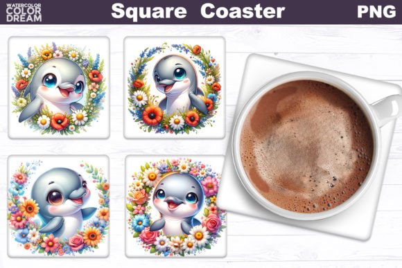 Dolphin Flowers Square Coaster Graphics for Crafts