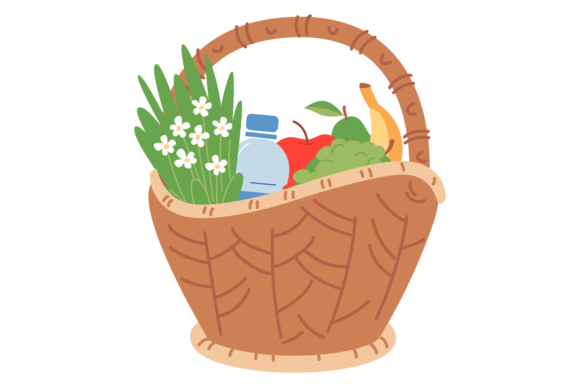 Food Basket with Fruit and Flowers
