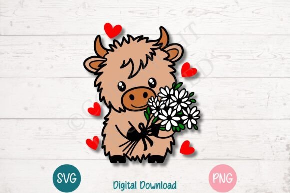 Highland Cow Holding Flowers - Valentine Graphics for Crafts