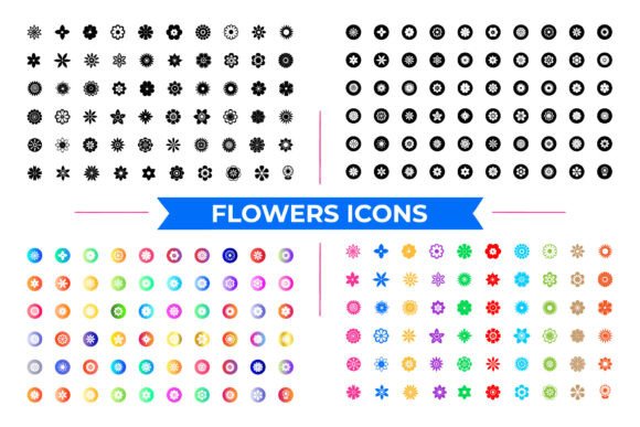Multi-color Flowers Icons Vector Set