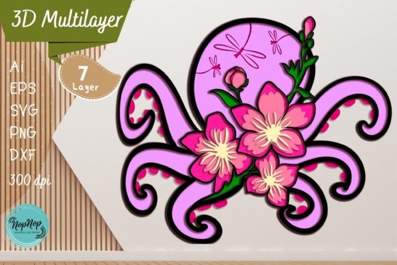 Octopus and Flowers Multilayers SVG for Laser Cutting and Home Decor