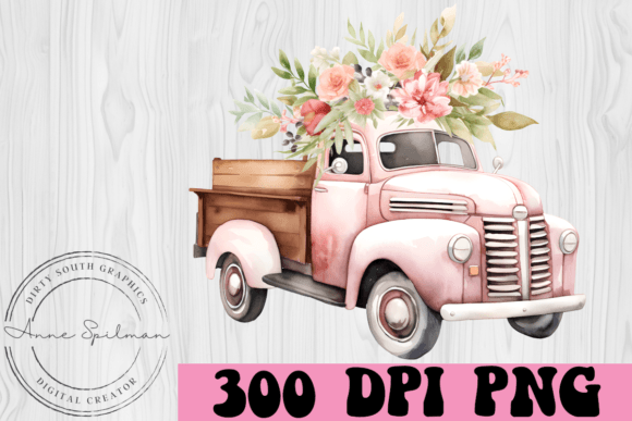 Old Time Pink Pickup Truck Flowers Graphics