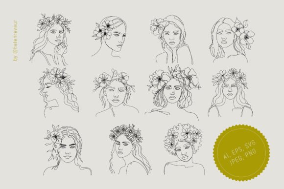 One-Lined Young Girls with Flowers Graphics