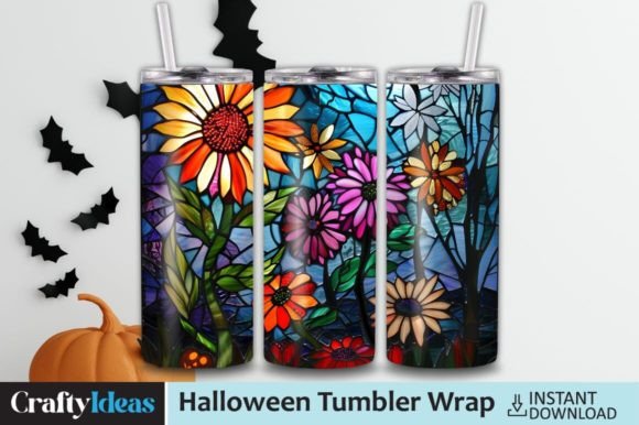 Stained Glass Halloween Flowers Tumbler Graphics
